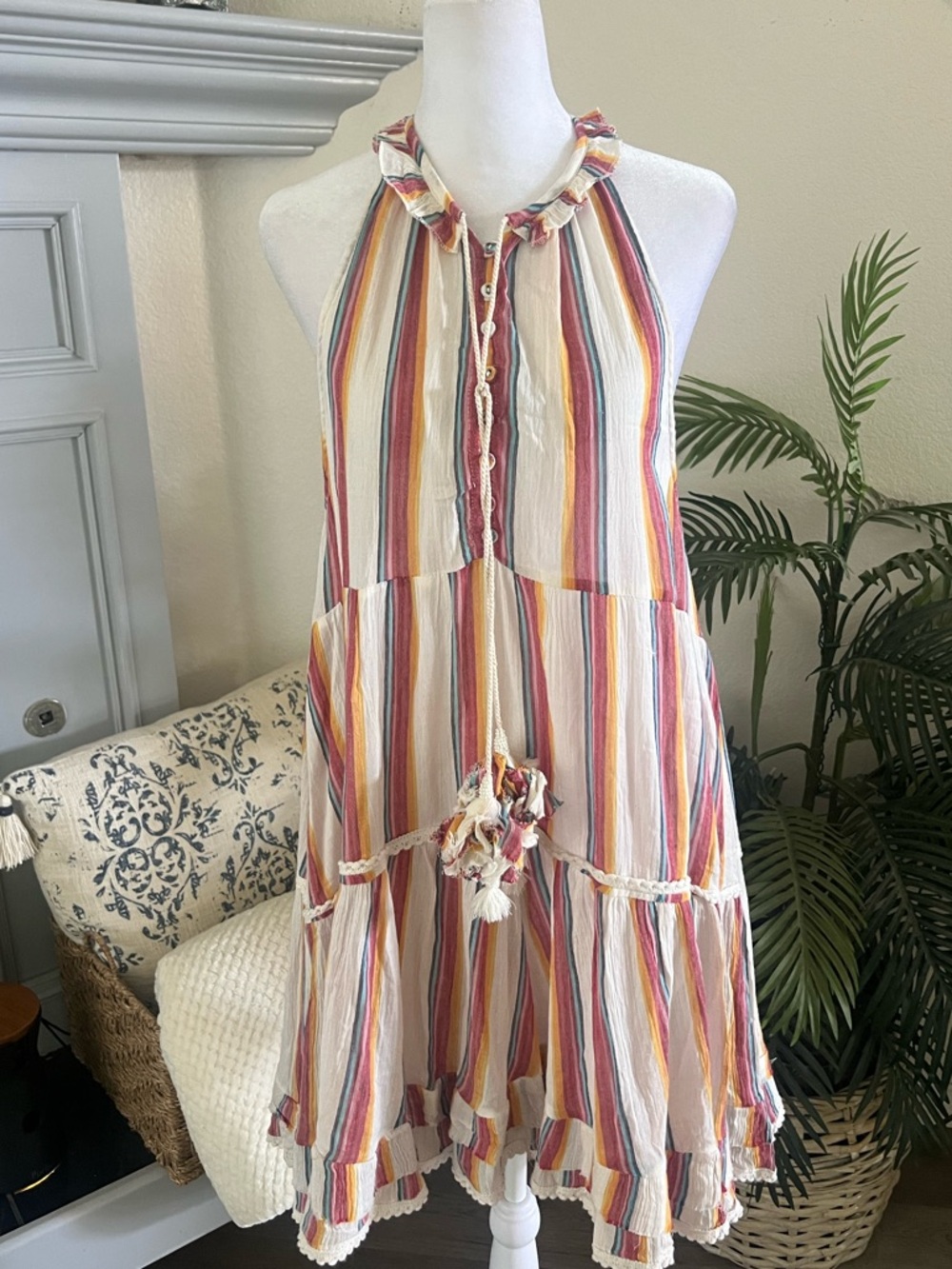 VATCHIO Multicolor Striped Halter Dress with Tassel Pom Ties S
